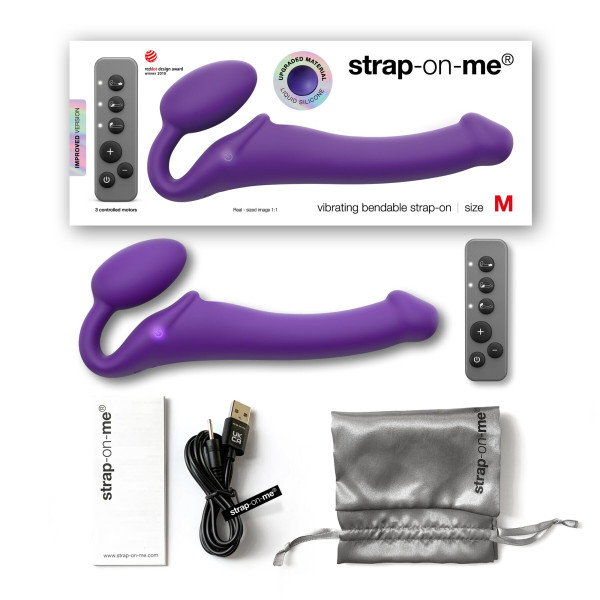 Безремневой страпон с вибрацией Strap-On-Me Vibrating Violet M диаметр 3,8 см, пульт ДУ, регулируемый, Strap-On-Me (Франция) - IntimLand