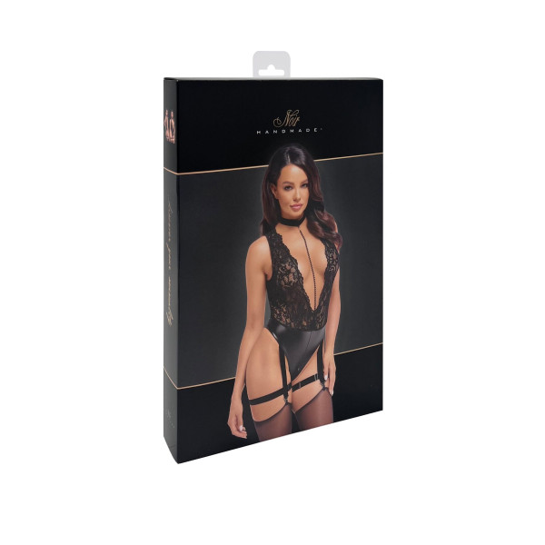 Боди Noir Handmade F297 Libido Deep-V bodysuit with collar, pearl chain and garter - L, Noir Handmade (Польща) - IntimLand