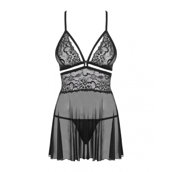 Эротический кружевной комплект с сеточкой Obsessive 838-BAB-1 babydoll & thong black XXL, черный, пе, Obsessive (Польща) - IntimLand