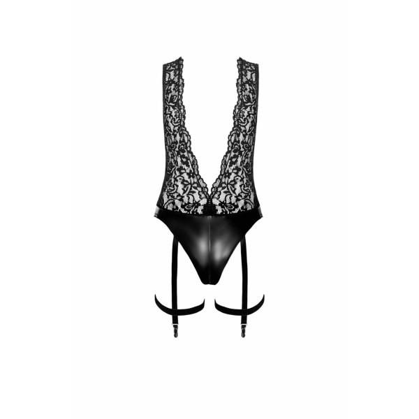 Боди Noir Handmade F297 Libido Deep-V bodysuit with collar, pearl chain and garter - L, Noir Handmade (Польща) - IntimLand
