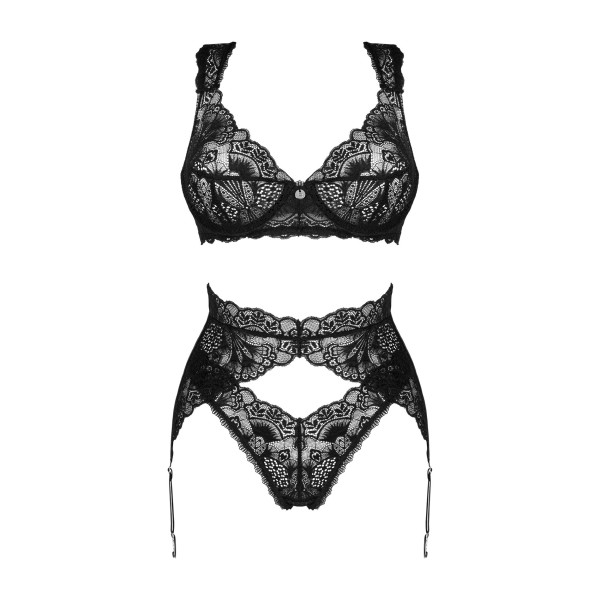 Комплект белья Obsessive Donna Dream 3-pcs set M/L Black, бюстгальтер, стринги, пояс для чулок, Obsessive (Польща) - IntimLand