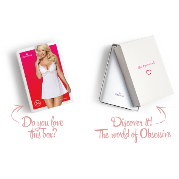 Сатиновый пеньюар с кружевом Obsessive 810-BAB-2 babydoll & thong S/M, белый, пеньюар, танга, Obsessive (Польща) - IntimLand