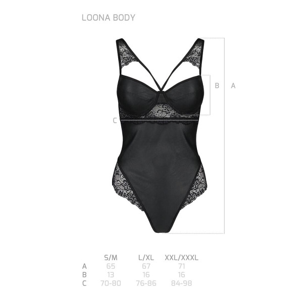 Боди из эко-кожи и кружева Passion LOONA BODY XXL/XXXL, black, Passion (Польша) - IntimLand