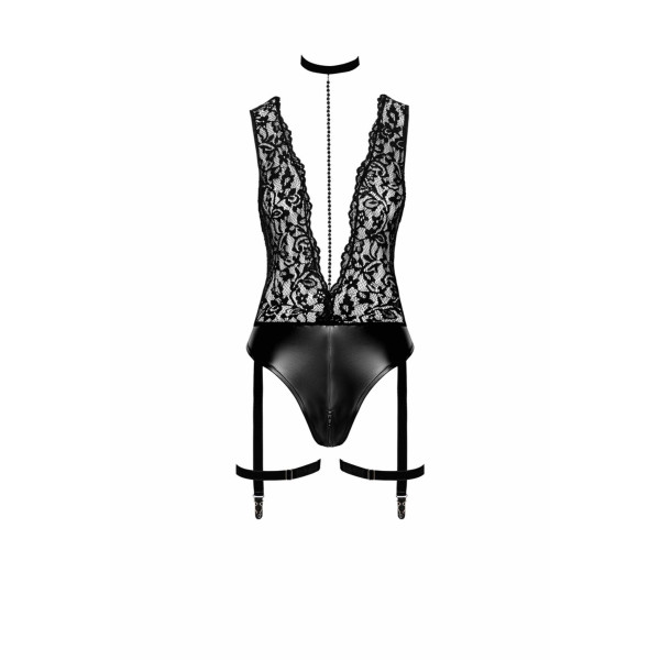 Боди Noir Handmade F297 Libido Deep-V bodysuit with collar, pearl chain and garter - L, Noir Handmade (Польща) - IntimLand