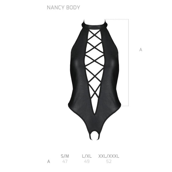 Боди из эко-кожи с имитацией шнуровки и открытым доступом Passion NANCY BODY XXL/XXXL, black, Passion (Польша) - IntimLand