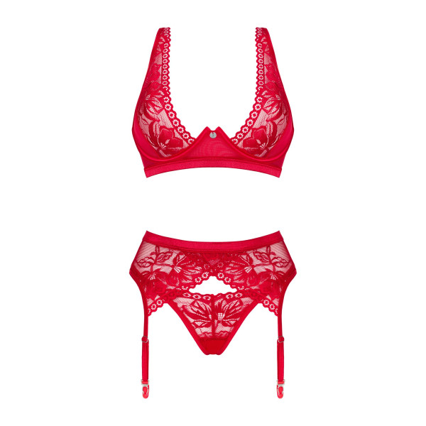 Комплект белья Obsessive Lacelove cupless 3-pcs set XL/2XL Red, бюстгальтер, стринги, пояс для чулок, Obsessive (Польща) - IntimLand