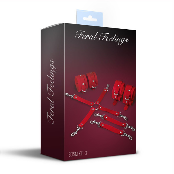 Набор для БДСМ 3 в 1 Feral Feelings BDSM Kit 3 Red, red, наручники, поножи, крестовина, Feral Feelings (Украина) - IntimLand