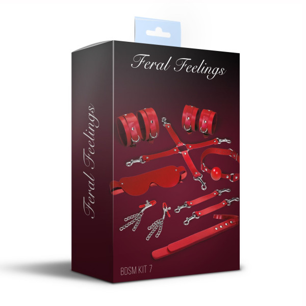 Набор Feral Feelings BDSM Kit 7 Red, наручники, поножи, коннектор, маска, паддл, кляп, зажимы, Feral Feelings (Украина) - IntimLand