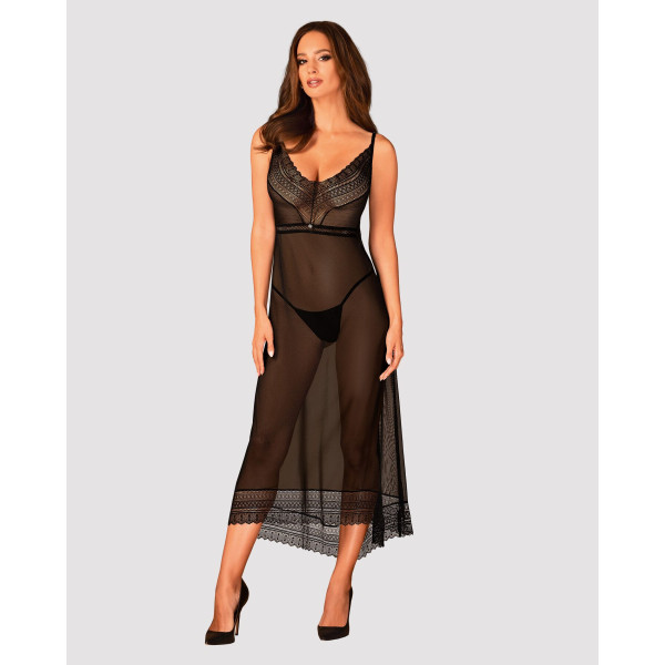 Полупрозрачная длинная сорочка Obsessive Estiqua chemise XS/S, черный, ассиметричный крой